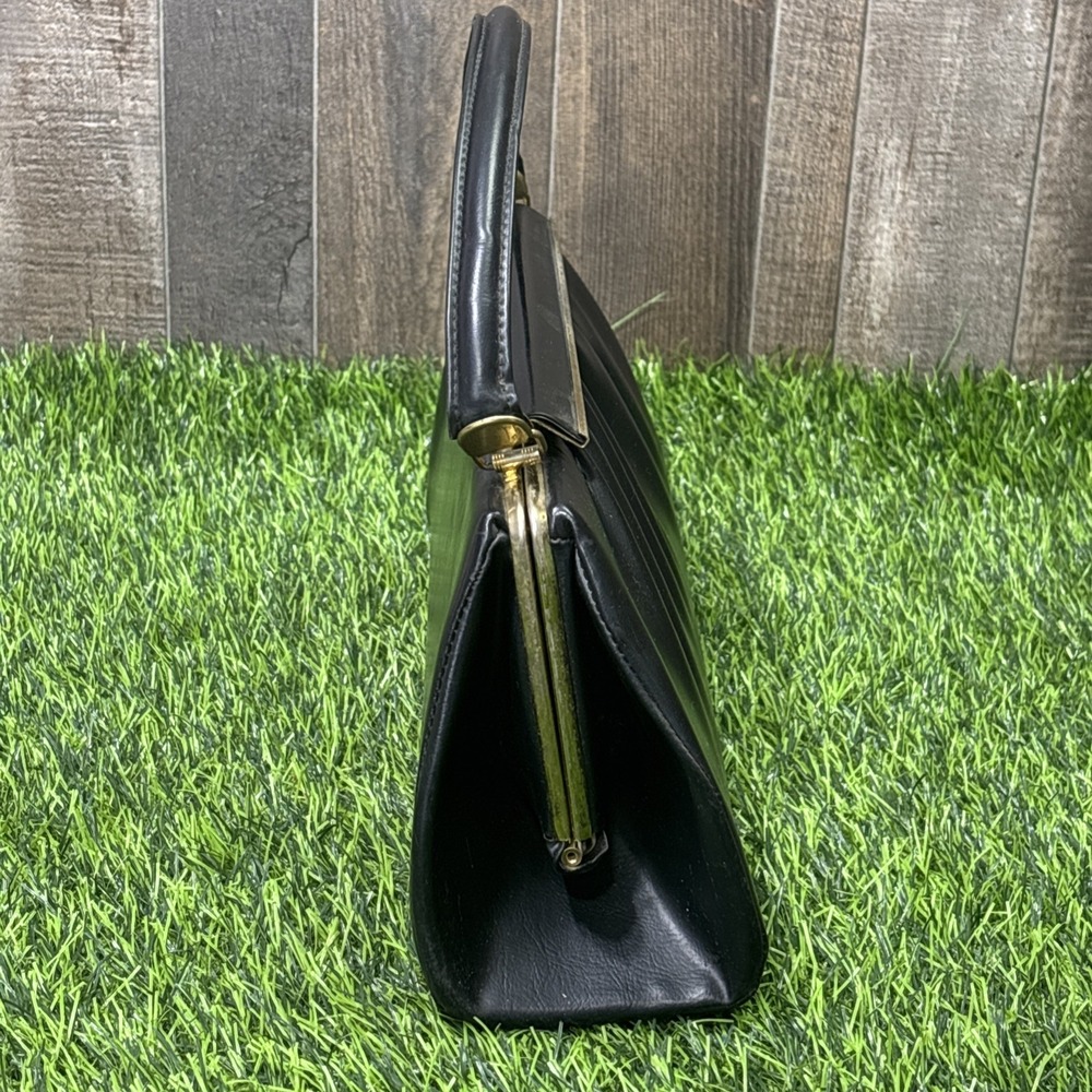 Vtg 50s Black Leather Wrapped Metal Top Handle Bag Gold Frame Clasp Purse - Picture 13 of 15